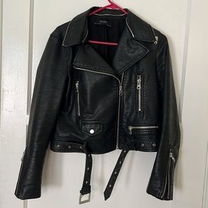 Black, faux, leather Zara, basic Moto bomber jacket